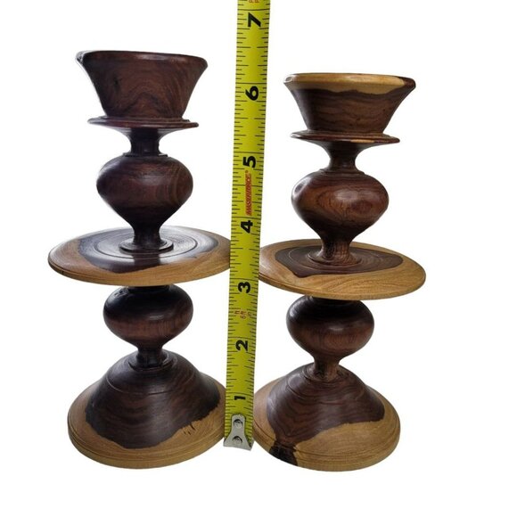 Wooden Candlestick Holders Tapered Solid Grain Two Tone Turned Pair Set 6.5 Inch - Picture 8 of 16